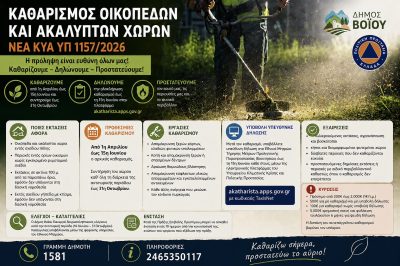 Δήμος Βοΐου: Καθαρισμός οικοπέδων και ακάλυπτων χώρων – Υποχρεώσεις πολιτών για την αντιπυρική περίοδο 2026